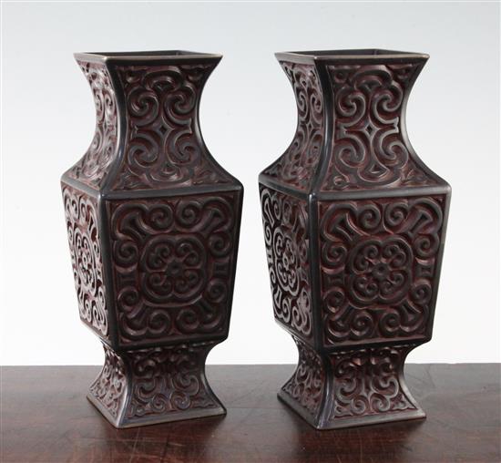 A pair of Chinese Guri lacquer square baluster vases, late 19th / early 20th century, 23.5cm